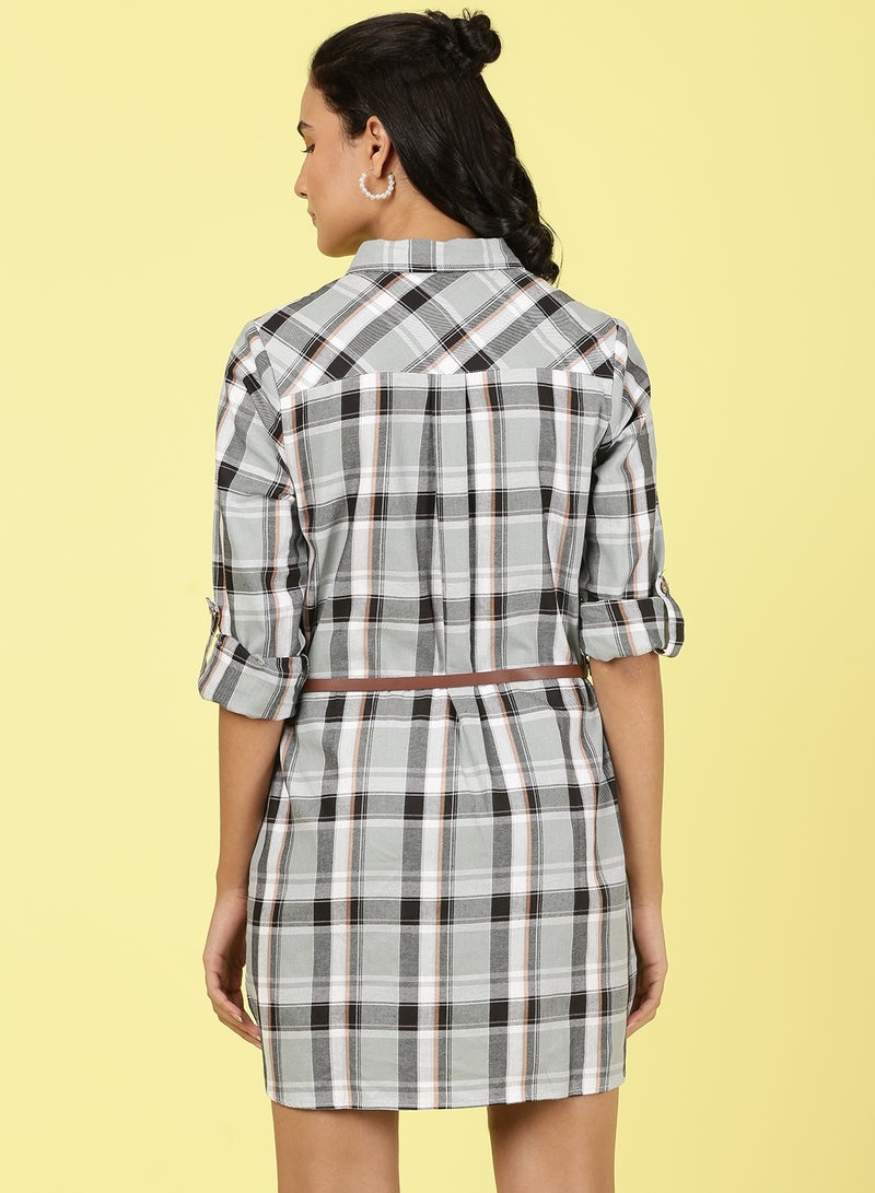 OFFROAD - Collared Neck Checkered Mini Dress Multicolour - Image 1
