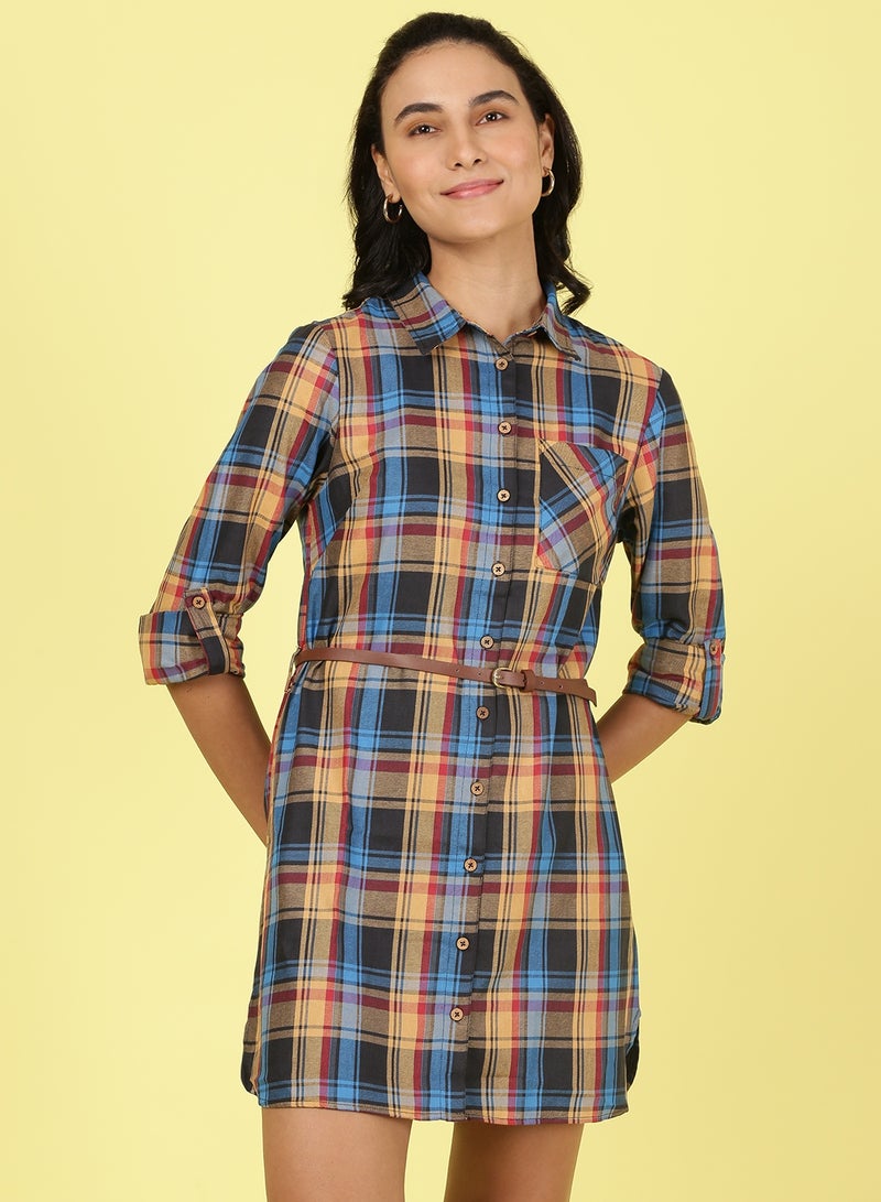 OFFROAD - Collared Neck Checkered Mini Dress Multicolour - Image 1