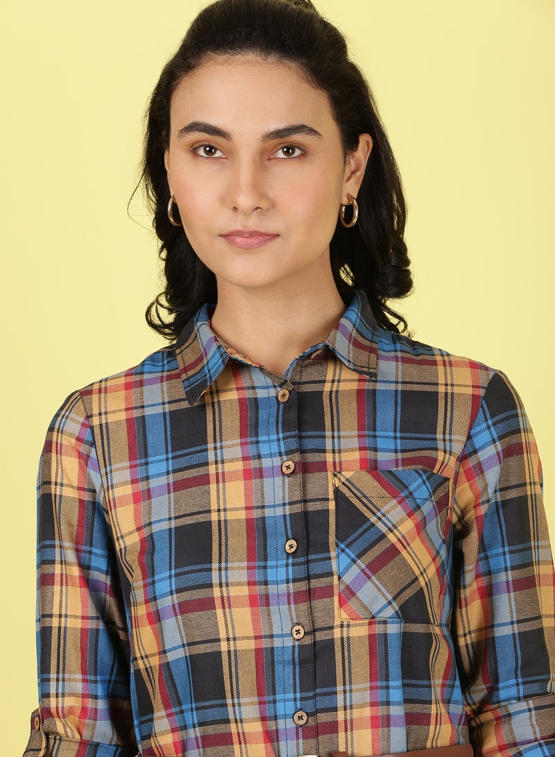 OFFROAD - Collared Neck Checkered Mini Dress Multicolour - Image 1