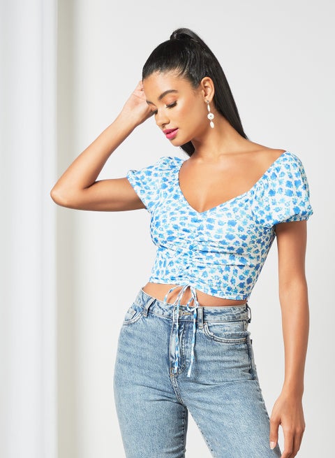 Ruched Front Cropped Top White/Blue