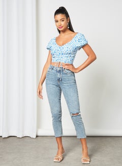 Sivvi x GenM Ruched Front Cropped Top White/Blue  - Image 2