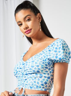 Sivvi x GenM Ruched Front Cropped Top White/Blue  - Image 3