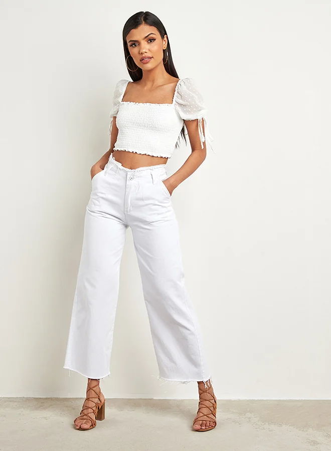 Closet By Styli Shirred Dobby Puff Sleeves Crop Top White