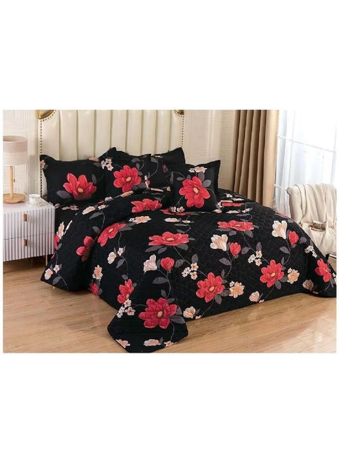 طقم لحاف مضغوط نقشة زهور مكوَّن من 4 قطع مايكروفايبر أسود/ أحمر/ بيج 160x210سم