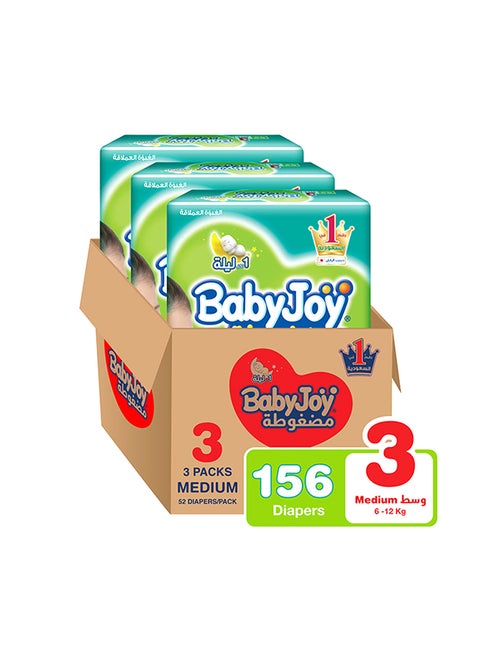 Baby Diapers, Size 3, 6 - 12 Kg, 156 Count (52 x 3) - Medium, Breathable Material, Compressed, Cotton Touch