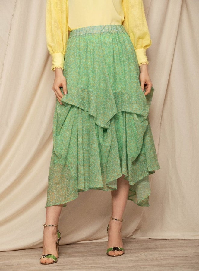 RINA Printed Asymmetric Layered Skirt Green/Yellow  - Image 2