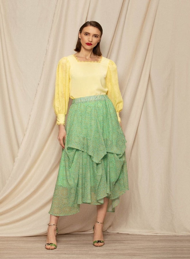 RINA Printed Asymmetric Layered Skirt Green/Yellow  - Image 4