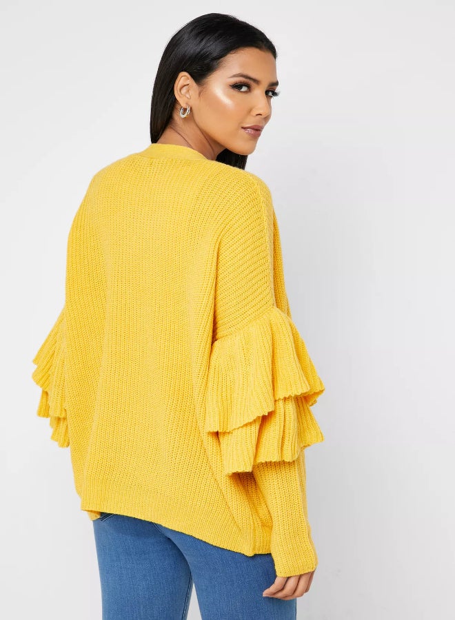 RINA - Knitted Layered Sleeve Cardigan Yellow - Image 1