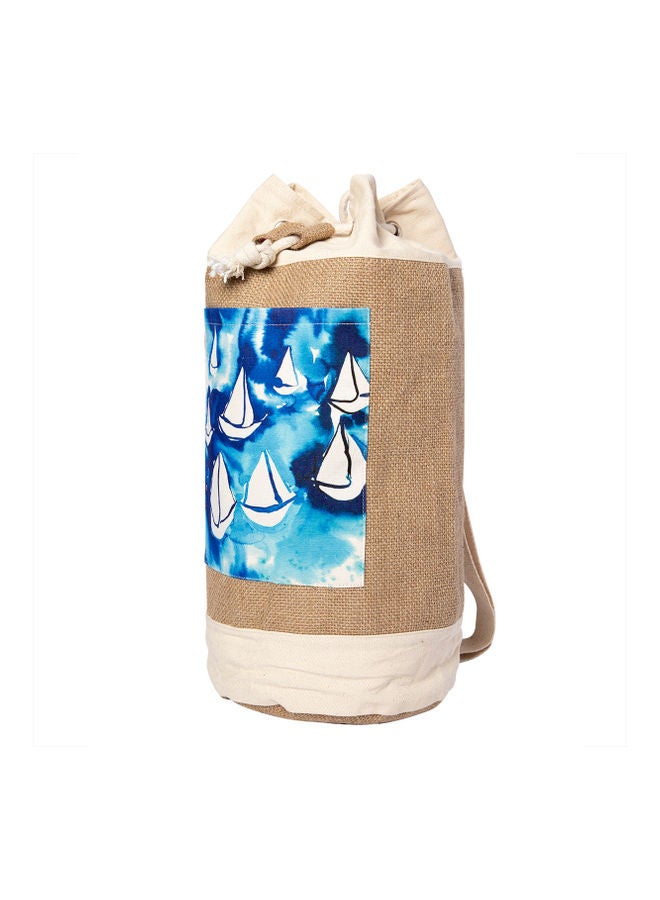 بيج ديزاين حقيبة كتف أنيموس مصنوعة من الخيش ومزينة بطبعة مراكب شراعية أزرق/ بيج - Image 2