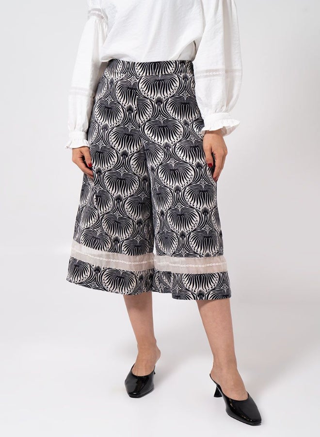 RINA Printed Wide Leg Culotte Pants Beige/White/Black  - Image 1