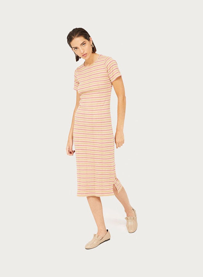 RINA Striped Midi Dress Pink/Yellow/Beige - Image 1