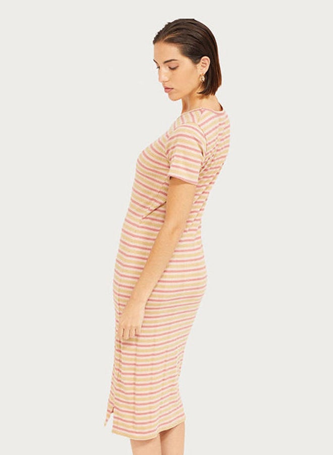 RINA Striped Midi Dress Pink/Yellow/Beige - Image 2