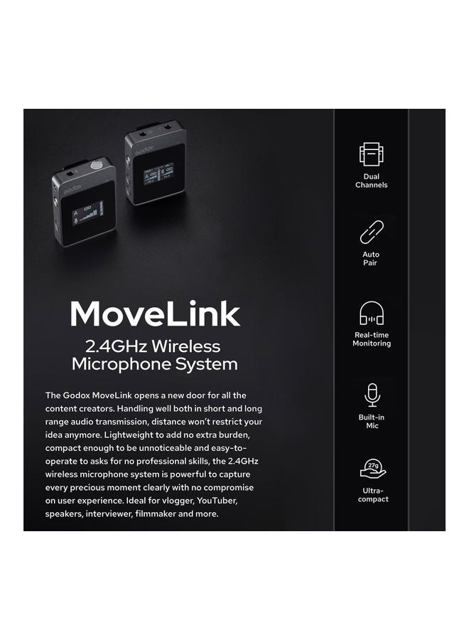 Godox MoveLink M1 Wireless Microphone System 2.4G(1 Transmitter + 1 Receiver) Black - Image 3