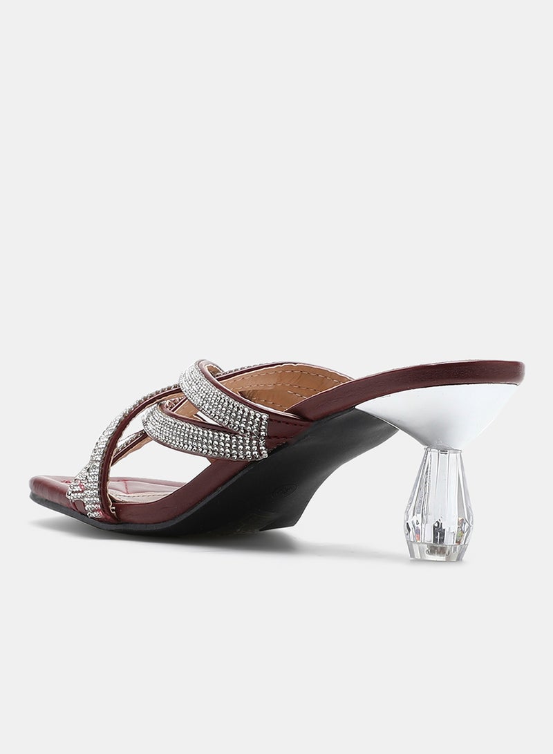 Aila - Stone Embellished Strap Heeled Sandals Wine/Silver - Image 1