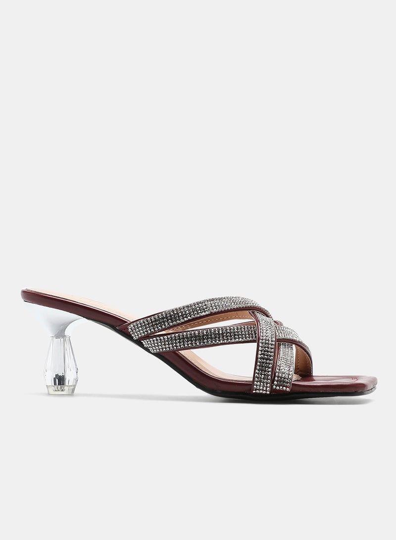 Aila - Stone Embellished Strap Heeled Sandals Wine/Silver - Image 1