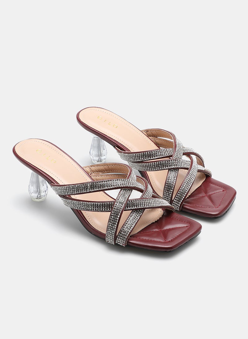 Aila - Stone Embellished Strap Heeled Sandals Wine/Silver - Image 1