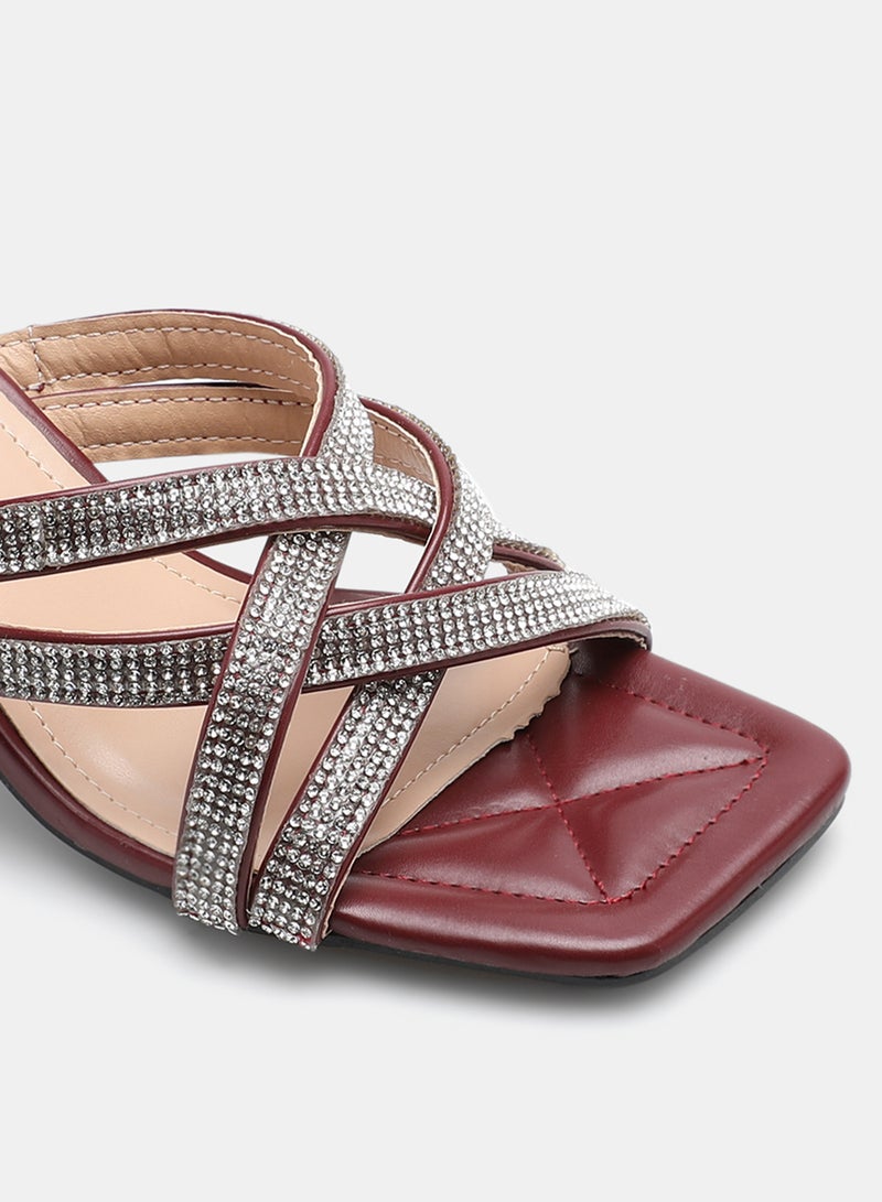 Aila - Stone Embellished Strap Heeled Sandals Wine/Silver - Image 1