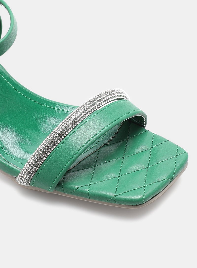 Aila - Stone Embellished Strap Heeled Sandals Green/Silver - Image 1