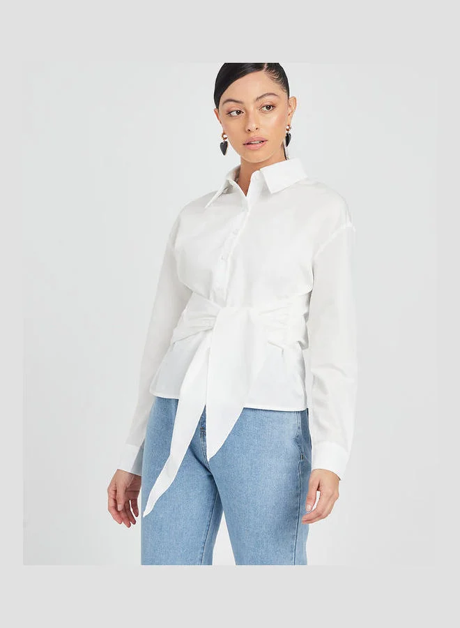 Closet By Styli Solid Pattern Self Tie Waist Woven Shirt White