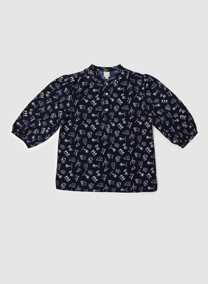 Neon Girls Mandarin Neckpuff Sleeve Blouse Navy  - Image 1