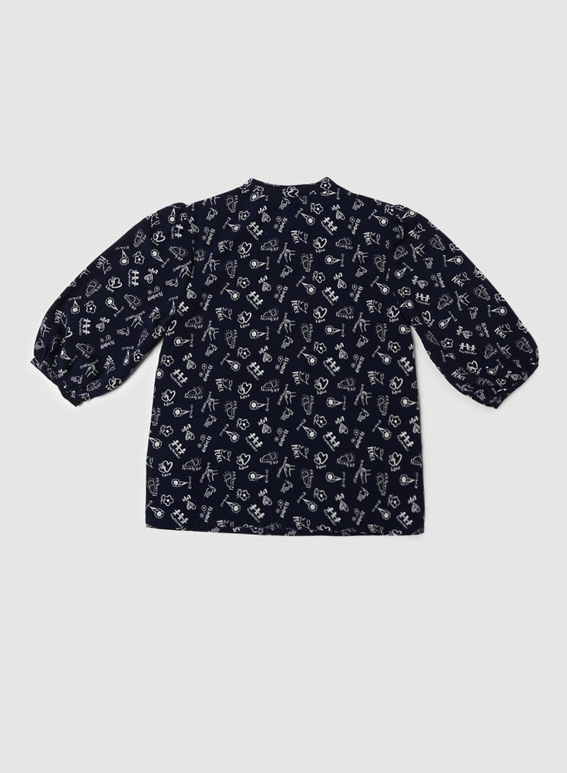 Neon Girls Mandarin Neckpuff Sleeve Blouse Navy  - Image 2