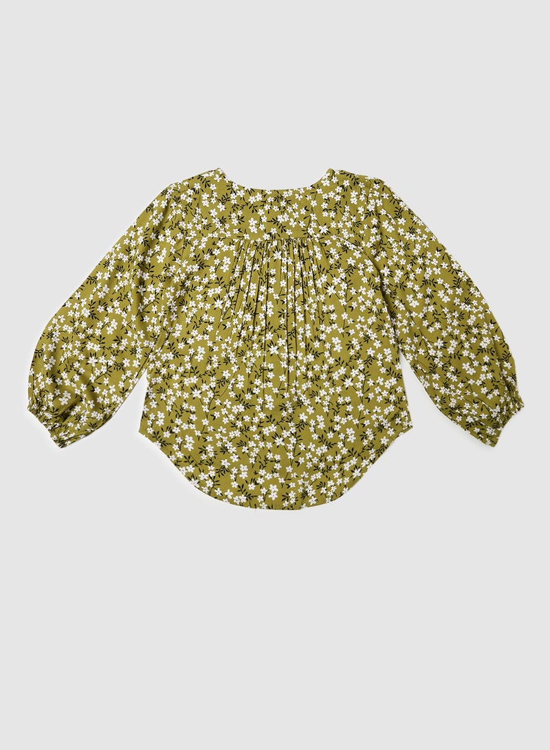 Neon Girls Round Neck Long Sleeve Blouse Olive Green  - Image 2
