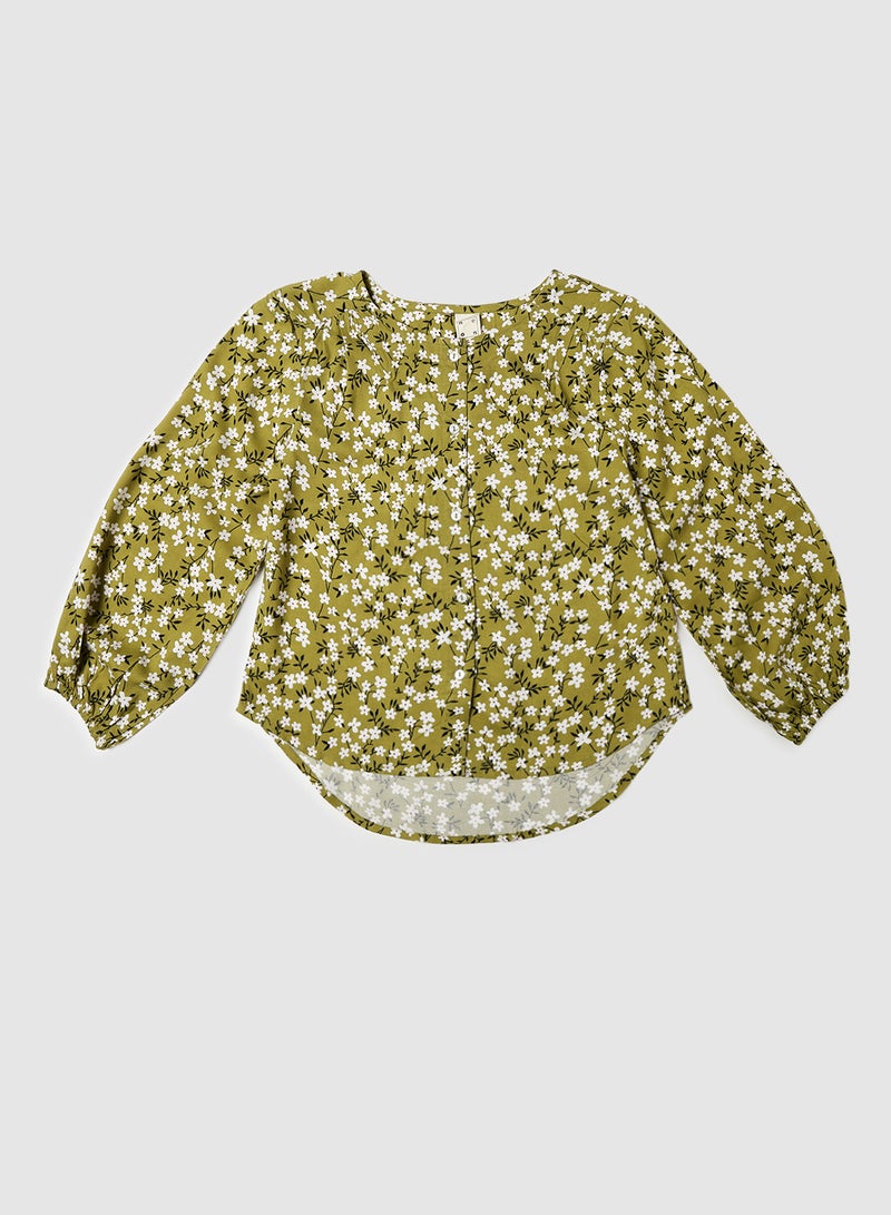 Neon Girls Round Neck Long Sleeve Blouse Olive Green  - Image 1