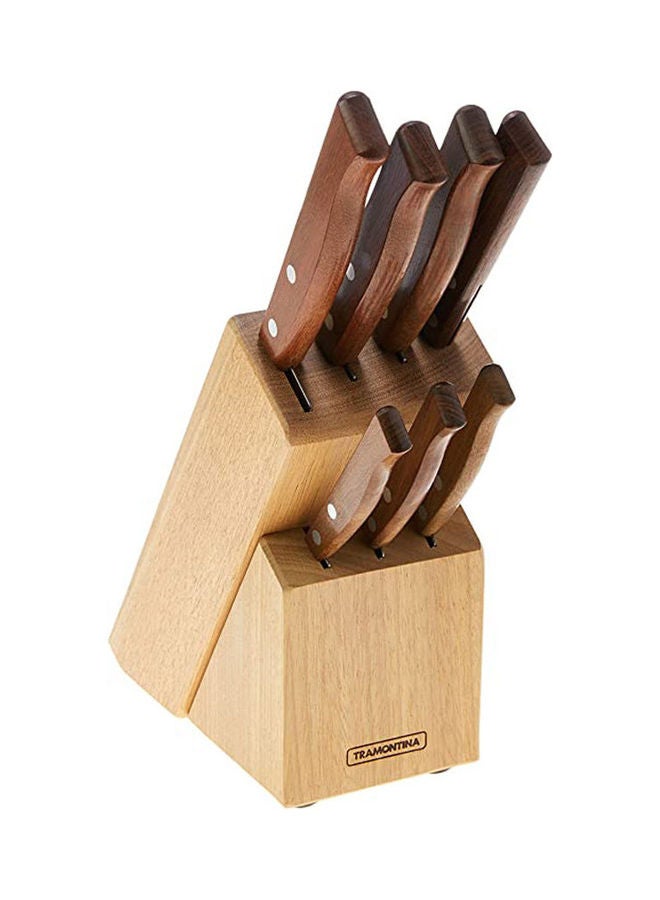 TRAMONTINA 8-Piece Stainless Steel Blade And Natural Tramontina Wood Handle Traditional Knife With Holder Set Silver-Brown  - Image 2