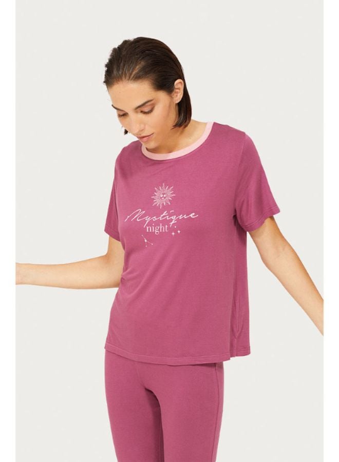 RINA Straight Hem Slogan Printed Crew Neck T-Shirt Pink  - Image 1