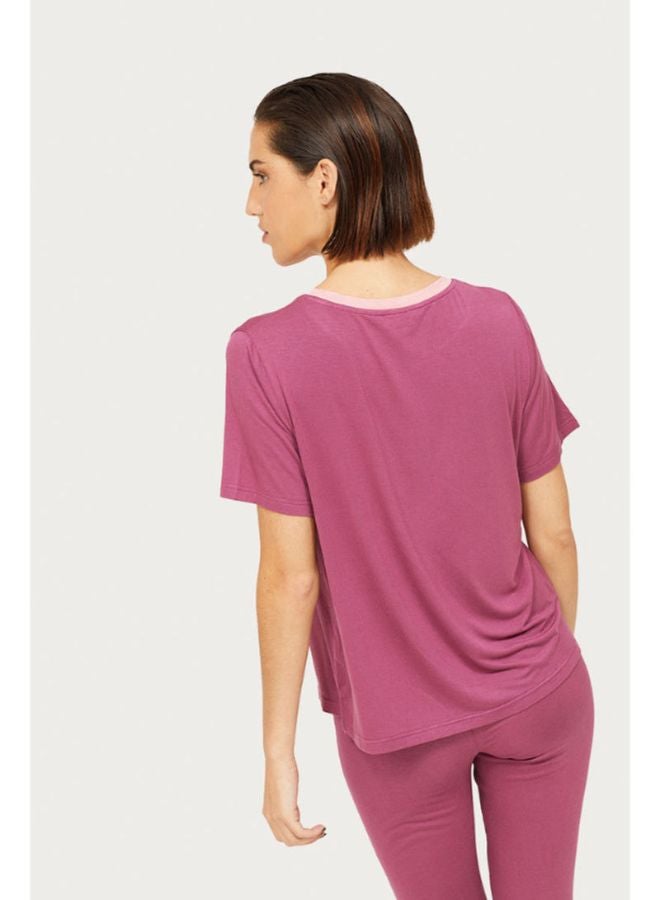 RINA Straight Hem Slogan Printed Crew Neck T-Shirt Pink  - Image 2