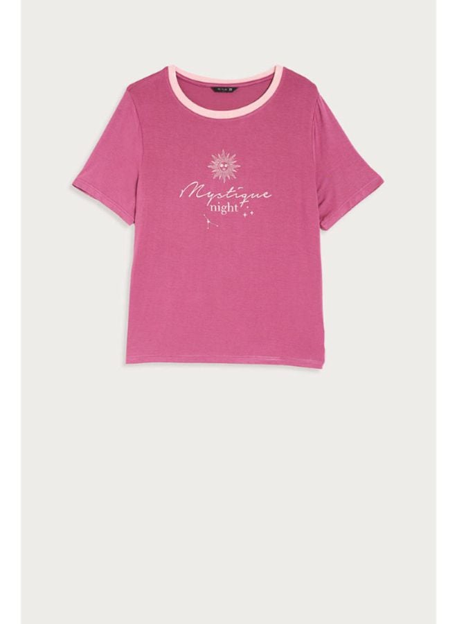 RINA Straight Hem Slogan Printed Crew Neck T-Shirt Pink  - Image 3