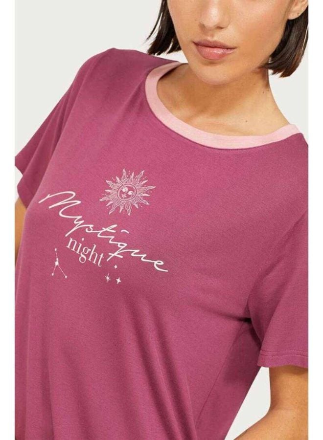 RINA Straight Hem Slogan Printed Crew Neck T-Shirt Pink  - Image 4