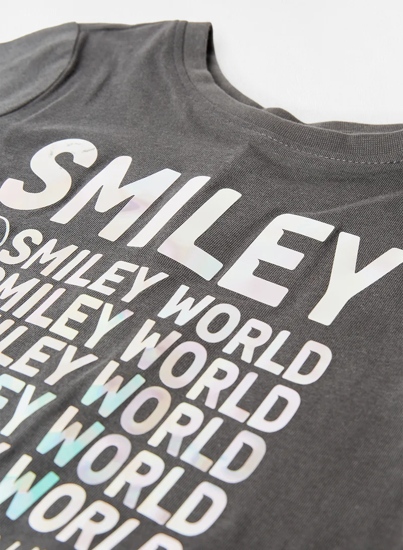 ONLY Kids/Teen Smiley Slogan T-Shirt Dark Grey