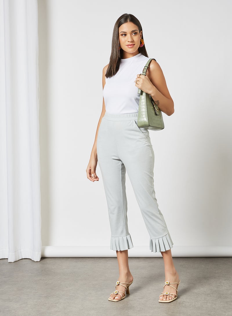 Aila Women's Casual Elastic Waistband Front Pocket Pleated Hem Cropped Pants Grey  - Image 3