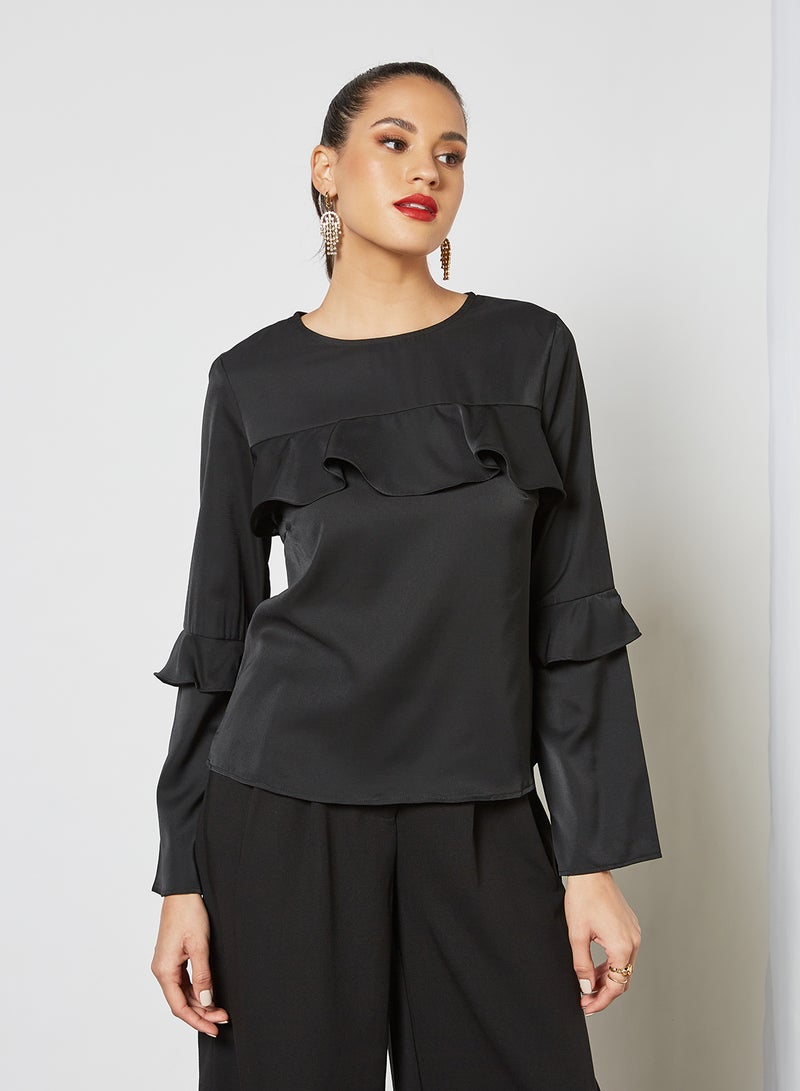 Aila Round Neck Ruffle Top Black  - Image 1