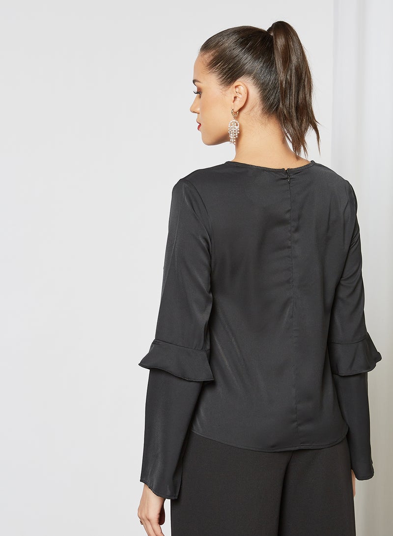 Aila Round Neck Ruffle Top Black  - Image 2