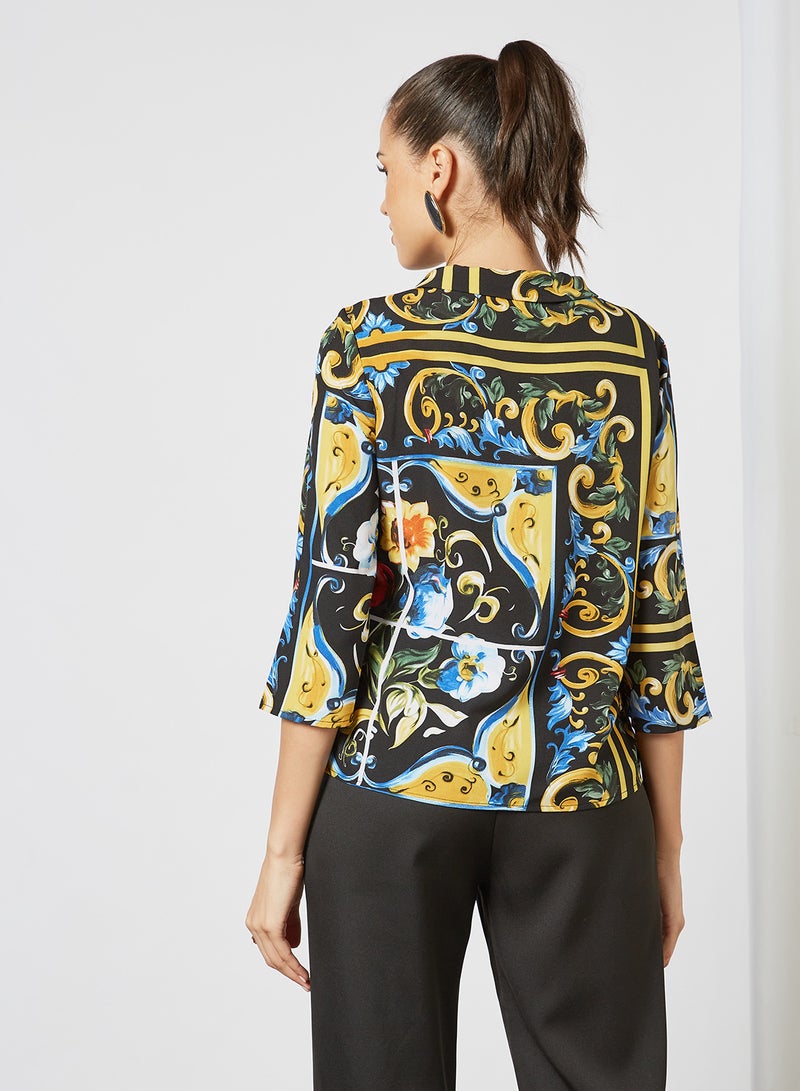 Aila Women's Causal Half Bell Sleeve Polyester Blend Printed Pattern Blouse With Round Neck Flat Collar Yellow Combo  - Image 2