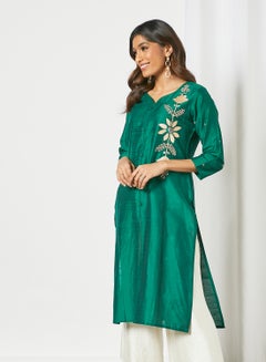 Trendy Hand Embroidered Sweetheart Neck Kurta Green