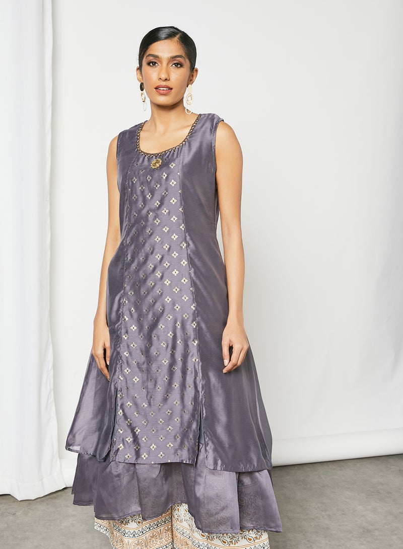 Zyna Fashion - Unique Frill Pattern Sleeveless Kurta Grey - Image 1