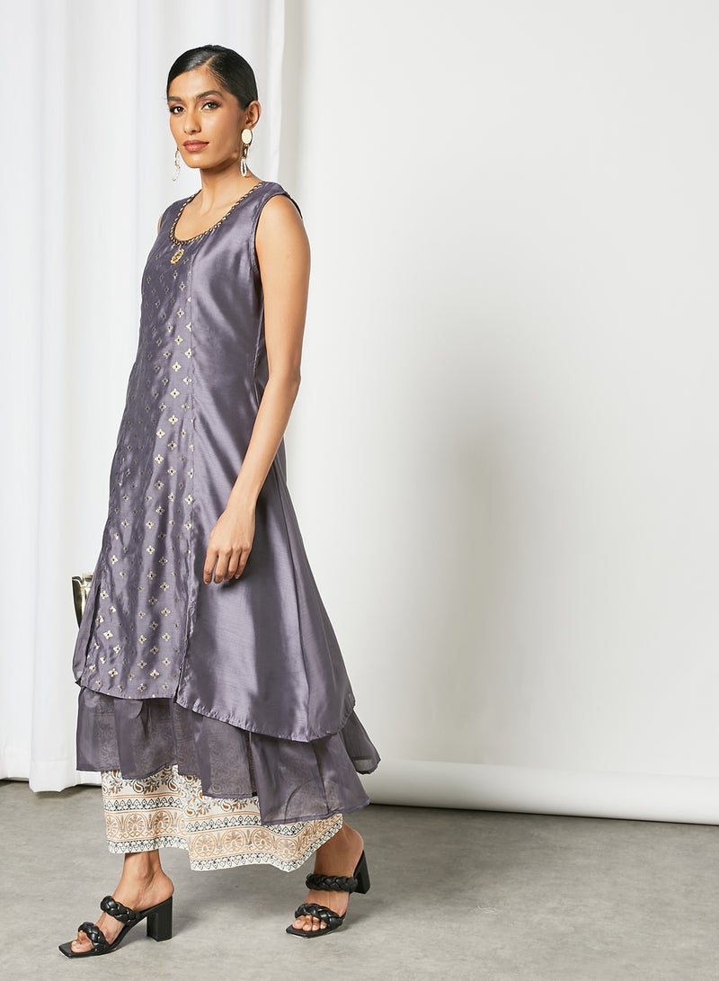 Zyna Fashion - Unique Frill Pattern Sleeveless Kurta Grey - Image 1