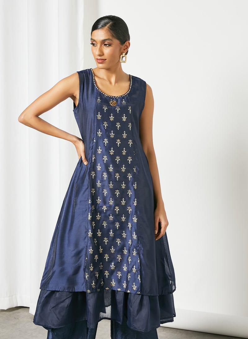 Zyna Fashion - Unique Frill Pattern Sleeveless Kurta Blue - Image 1