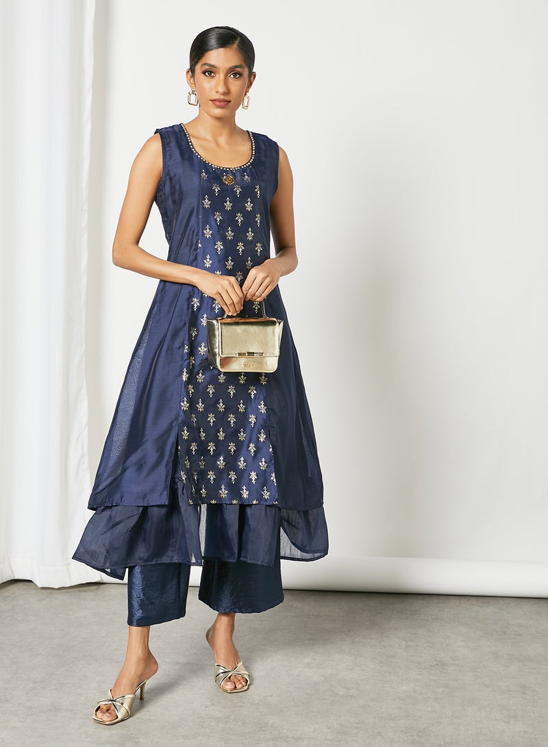 Zyna Fashion - Unique Frill Pattern Sleeveless Kurta Blue - Image 1