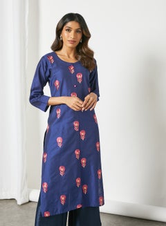 Elegant Fancy Work Round Neck Kurta Navy Blue
