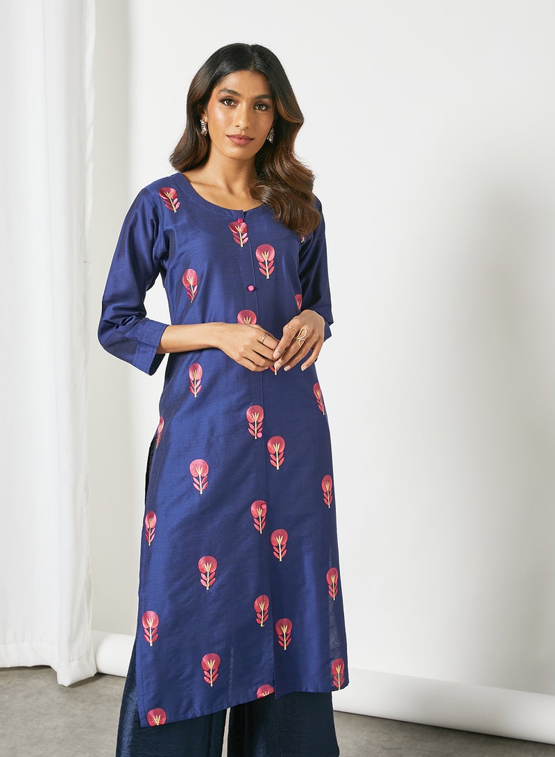 Zyna Fashion - Elegant Fancy Work Round Neck Kurta Navy Blue - Image 1
