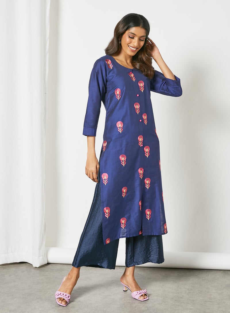 Zyna Fashion - Elegant Fancy Work Round Neck Kurta Navy Blue - Image 1