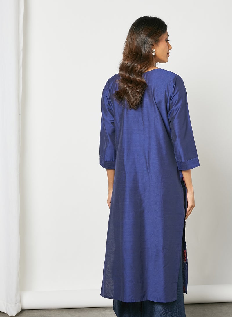 Zyna Fashion - Elegant Fancy Work Round Neck Kurta Navy Blue - Image 1