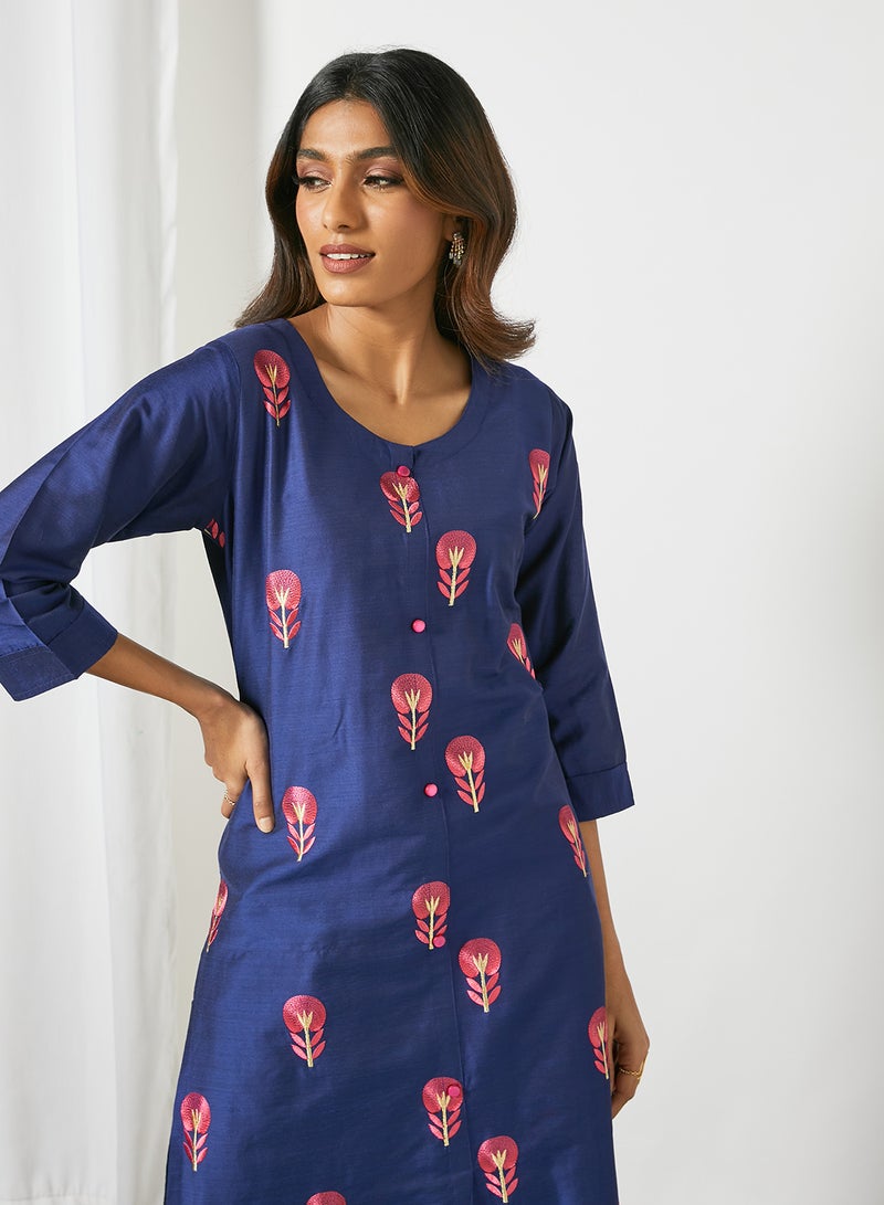 Zyna Fashion - Elegant Fancy Work Round Neck Kurta Navy Blue - Image 1