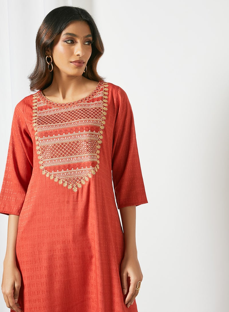 Zyna Fashion - Trendy Elegant Round Neck Kurta Red - Image 1