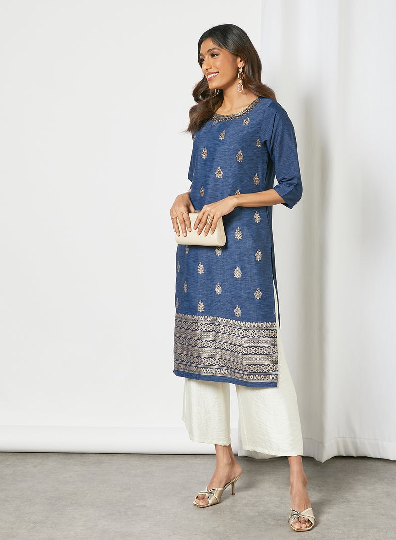 Zyna Fashion - Trendy Printed Round Neck Mid Length Kurta Multicolour - Image 1