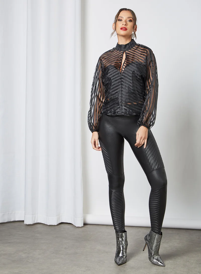 FEMME LUXE Striped Mesh Top Black